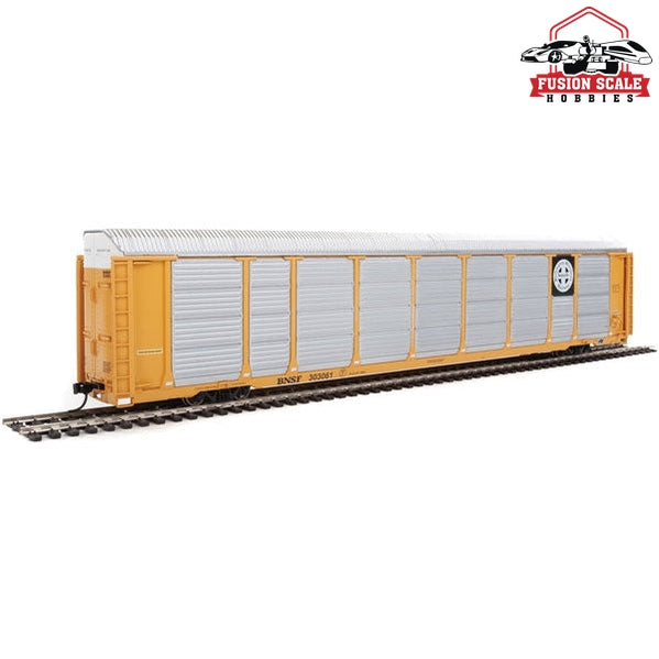 Walthers Proto HO Scale 89' Thrall Enclosed Tri-Level Auto Carrier - Ready to Run Burlington Northern Santa Fe Rack and Flat #303061 (yellow, Circle-Cross Log