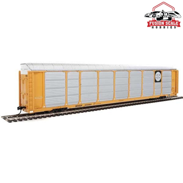 Walthers Proto HO Scale 89' Thrall Enclosed Tri-Level Auto Carrier - Ready to Run Burlington Northern Santa Fe Rack and Flat #303084 (yellow, Circle-Cross Log