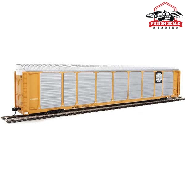 Walthers Proto HO Scale 89' Thrall Enclosed Tri-Level Auto Carrier - Ready to Run Burlington Northern Santa Fe Rack and Flat #303085 (yellow, Circle-Cross Log