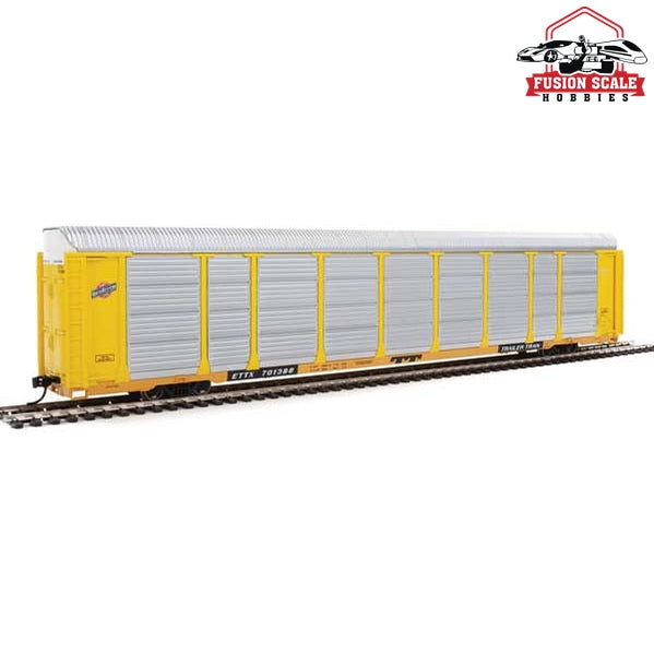 Walthers Proto HO Scale 89' Thrall Enclosed Tri-Level Auto Carrier - Ready to Run Chicago & North Western(TM) ETTX Flat #701338 (yellow, silver)