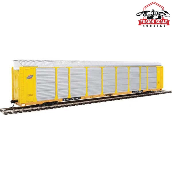 Walthers Proto HO Scale 89' Thrall Enclosed Tri-Level Auto Carrier - Ready to Run Chicago & North Western(TM) ETTX Flat #701581 (yellow, silver)