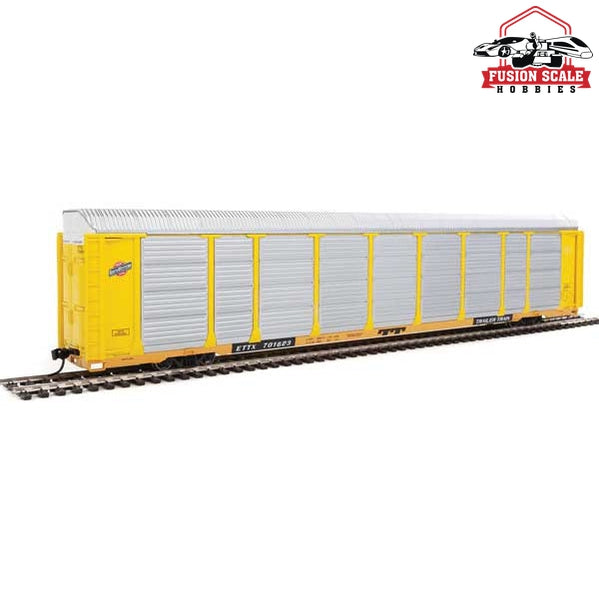 Walthers Proto HO Scale 89' Thrall Enclosed Tri-Level Auto Carrier - Ready to Run Chicago & North Western(TM) ETTX Flat #701623 (yellow, silver)