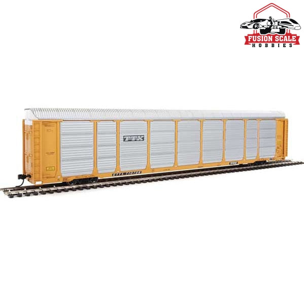 Walthers Proto HO Scale 89' Thrall Enclosed Tri-Level Auto Carrier - Ready to Run TTX ETTX Flat #331197/710728 (yellow, silver, black)