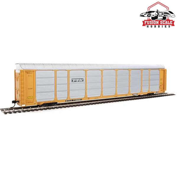 Walthers Proto HO Scale 89' Thrall Enclosed Tri-Level Auto Carrier - Ready to Run TTX ETTX Flat #331154/710851 (yellow, silver, black)