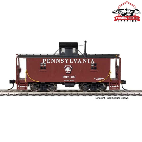 Walthers Proto HO Scale Pennsylvania N6B Wood Cabin Car (Caboose) w/Center Cupola Pennsylvania Railroad #980015 (Tuscan, black w/Keystone in middle)