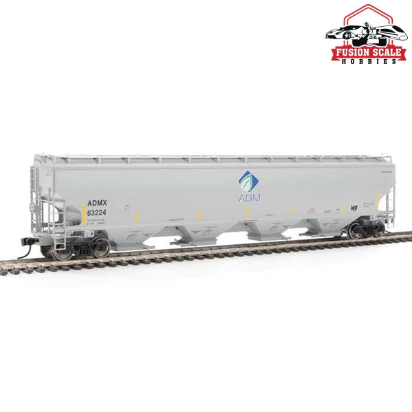 Walthers Proto HO Scale 67' Trinity 6351 4-Bay Covered Hopper - Ready to Run Archer-Daniels-Midland #63224 (gray, Leaf Logo, Yellow Conspicuity Stripes)