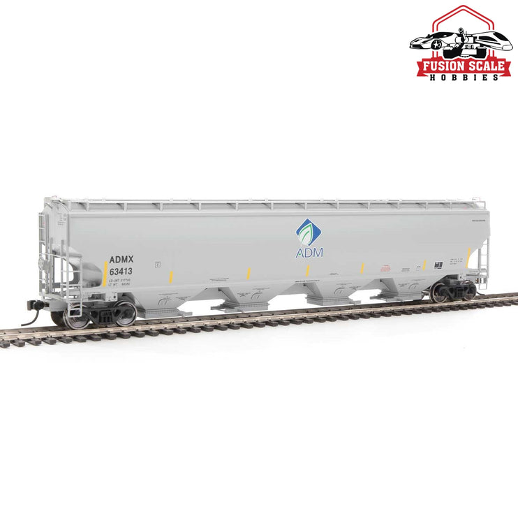 Walthers Proto HO Scale 67' Trinity 6351 4-Bay Covered Hopper - Ready to Run Archer-Daniels-Midland #63413 (gray, Leaf Logo, Yellow Conspicuity Stripes)