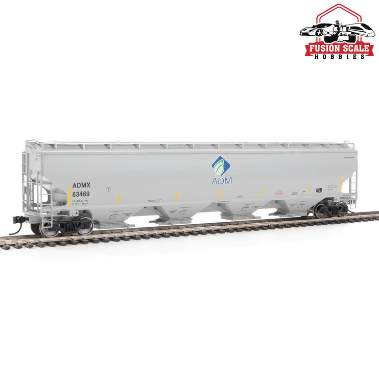 Walthers Proto HO Scale 67' Trinity 6351 4-Bay Covered Hopper - Ready to Run Archer-Daniels-Midland #63469 (gray, Leaf Logo, Yellow Conspicuity Stripes)