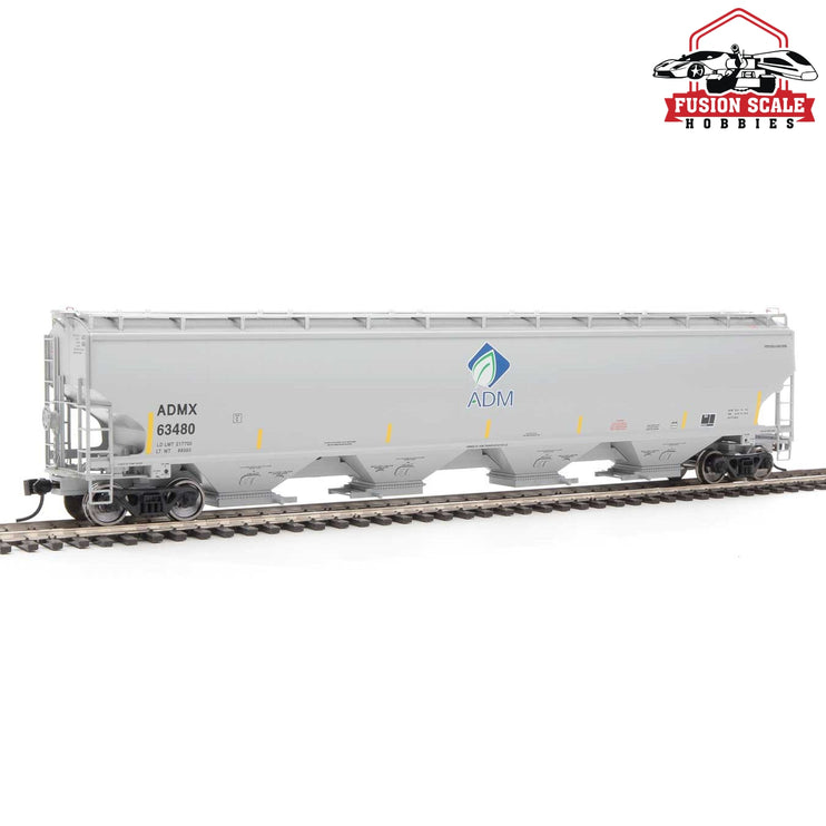 Walthers Proto HO Scale 67' Trinity 6351 4-Bay Covered Hopper - Ready to Run Archer-Daniels-Midland #63480 (gray, Leaf Logo, Yellow Conspicuity Stripes)