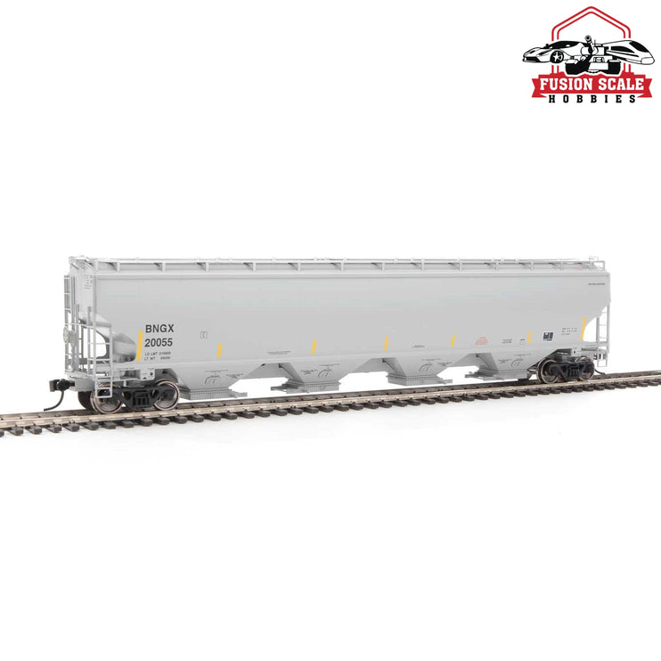 Walthers Proto HO Scale 67' Trinity 6351 4-Bay Covered Hopper - Ready to Run Bunge Corporation BNGX #20055 (gray, Yellow Conspicuity Stripes)