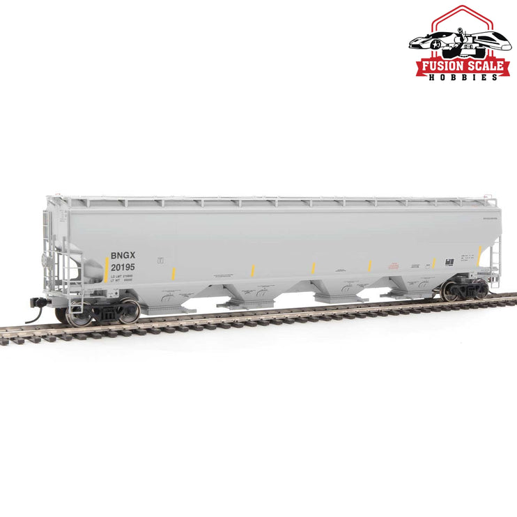 Walthers Proto HO Scale 67' Trinity 6351 4-Bay Covered Hopper - Ready to Run Bunge Corporation BNGX #20195 (gray, Yellow Conspicuity Stripes)