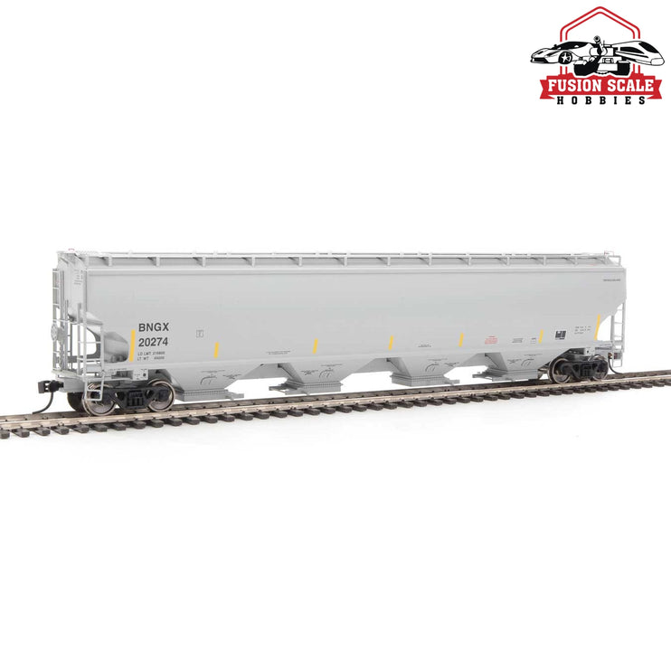 Walthers Proto HO Scale 67' Trinity 6351 4-Bay Covered Hopper - Ready to Run Bunge Corporation BNGX #20274 (gray, Yellow Conspicuity Stripes)