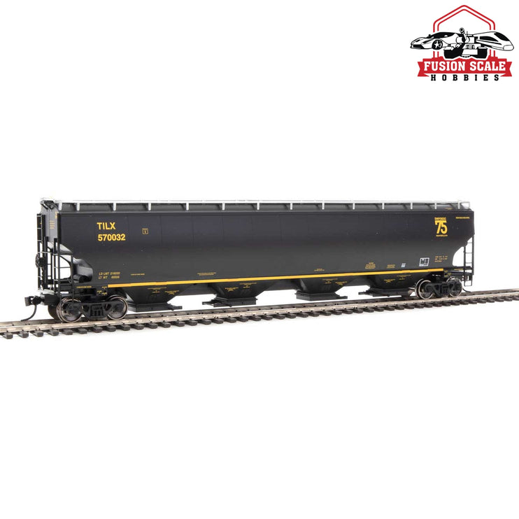 Walthers Proto HO Scale 67' Trinity 6351 4-Bay Covered Hopper - Ready to Run Trinity Industries Leasing TILX #570032 (black, gold; 75th Anniversary Logo)