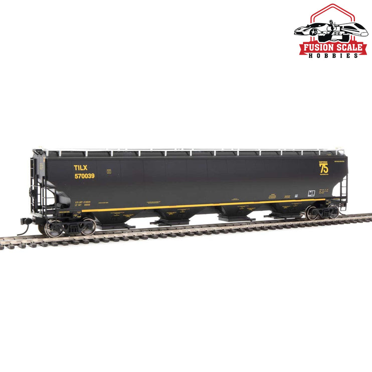 Walthers Proto HO Scale 67' Trinity 6351 4-Bay Covered Hopper - Ready to Run Trinity Industries Leasing TILX #570039 (black, gold; 75th Anniversary Logo)