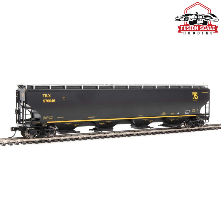 Walthers Proto HO Scale 67' Trinity 6351 4-Bay Covered Hopper - Ready to Run Trinity Industries Leasing TILX #570046 (black, gold; 75th Anniversary Logo)