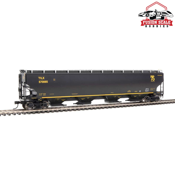 Walthers Proto HO Scale 67' Trinity 6351 4-Bay Covered Hopper - Ready to Run Trinity Industries Leasing TILX #570065 (black, gold; 75th Anniversary Logo)