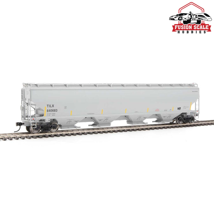 Walthers Proto HO Scale 67' Trinity 6351 4-Bay Covered Hopper - Ready to Run Trinity Industries Leasing TILX #640683 (gray, yellow conspicuity stripes)