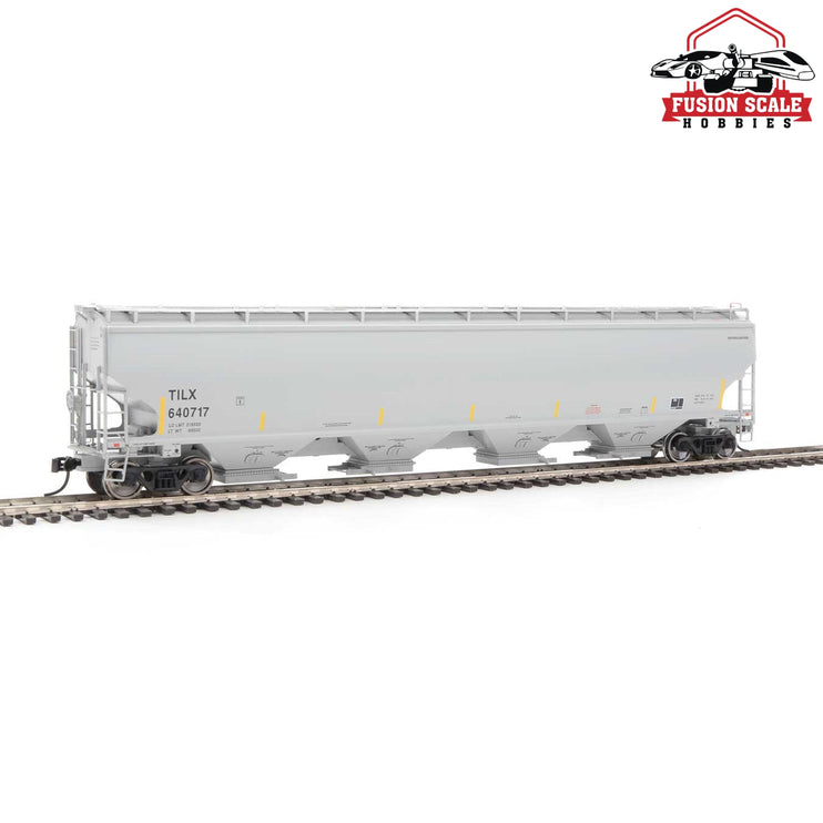 Walthers Proto HO Scale 67' Trinity 6351 4-Bay Covered Hopper - Ready to Run Trinity Industries Leasing TILX #640717 (gray, yellow conspicuity stripes)