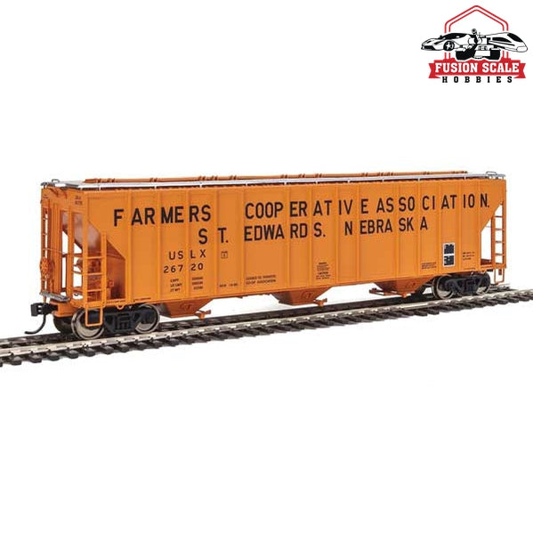 Walthers Proto HO Scale 55' Evans 4780 Covered Hopper - Ready To Run Farmers Co-op Association USLX #26720 (St. Edwards, Nebraska; orange, black)