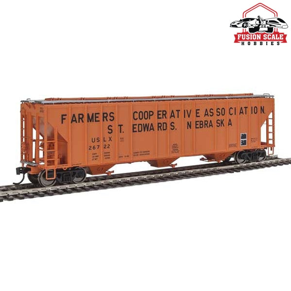 Walthers Proto HO Scale 55' Evans 4780 Covered Hopper - Ready To Run Farmers Co-op Association USLX #26722  (St Edwards, Nebraska; orange, black)