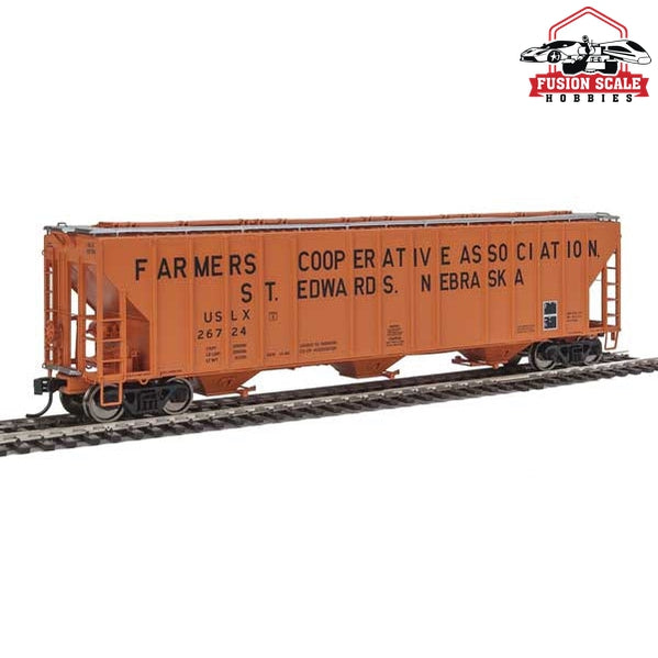 Walthers Proto HO Scale 55' Evans 4780 Covered Hopper - Ready To Run Farmers Co-op Association USLX #26724 (St Edwards, Nebraska; orange, black)