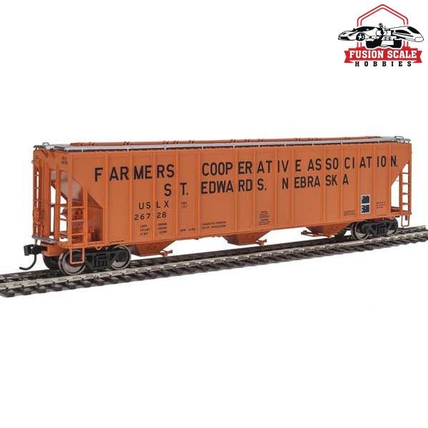 Walthers Proto HO Scale 55' Evans 4780 Covered Hopper - Ready To Run Farmers Co-op Association USLX #26728 (St Edwards, Nebraska; orange, black)