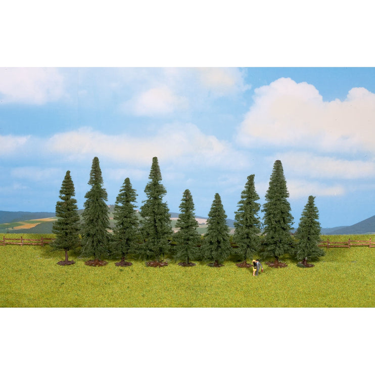 Walthers Fir Trees pkg(9) -- 3-1/8 to 4-3/4"  8 to 12cm Tall w/Flat Base