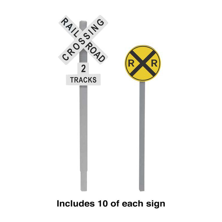 Walthers Railroad Crossing Signs -- 10 Each Modern Advance Warning & Crossbucks