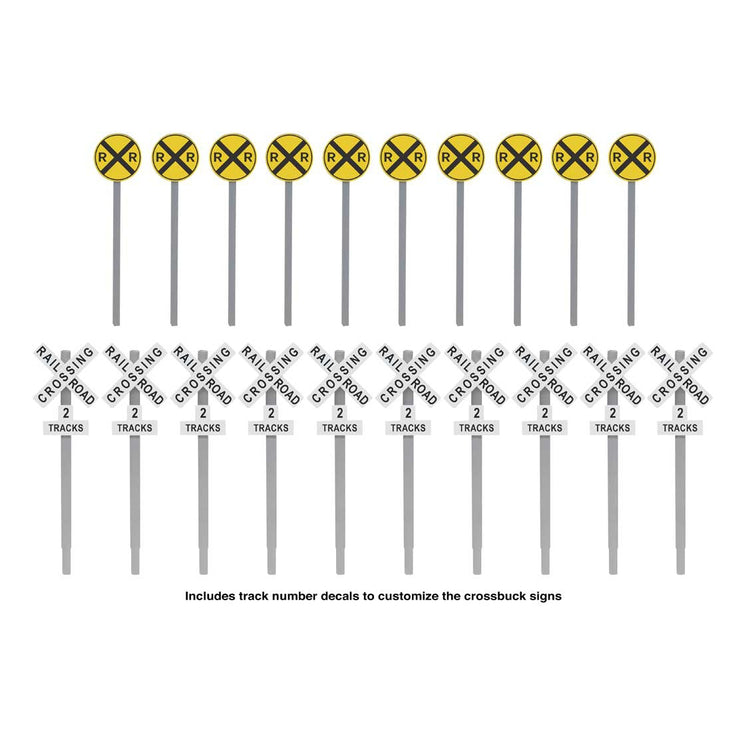 Walthers Railroad Crossing Signs -- 10 Each Modern Advance Warning & Crossbucks