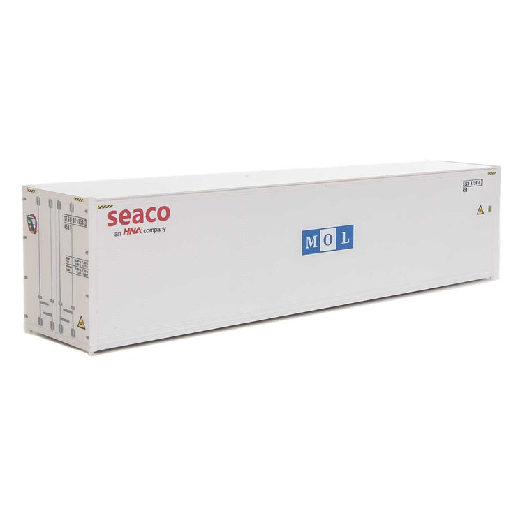 Walthers 40' Hi-Cube Smooth-Side Reefer Container - Assembled -- Mitsui Overseas Lines - SEACO/MOL (white, blue, red)