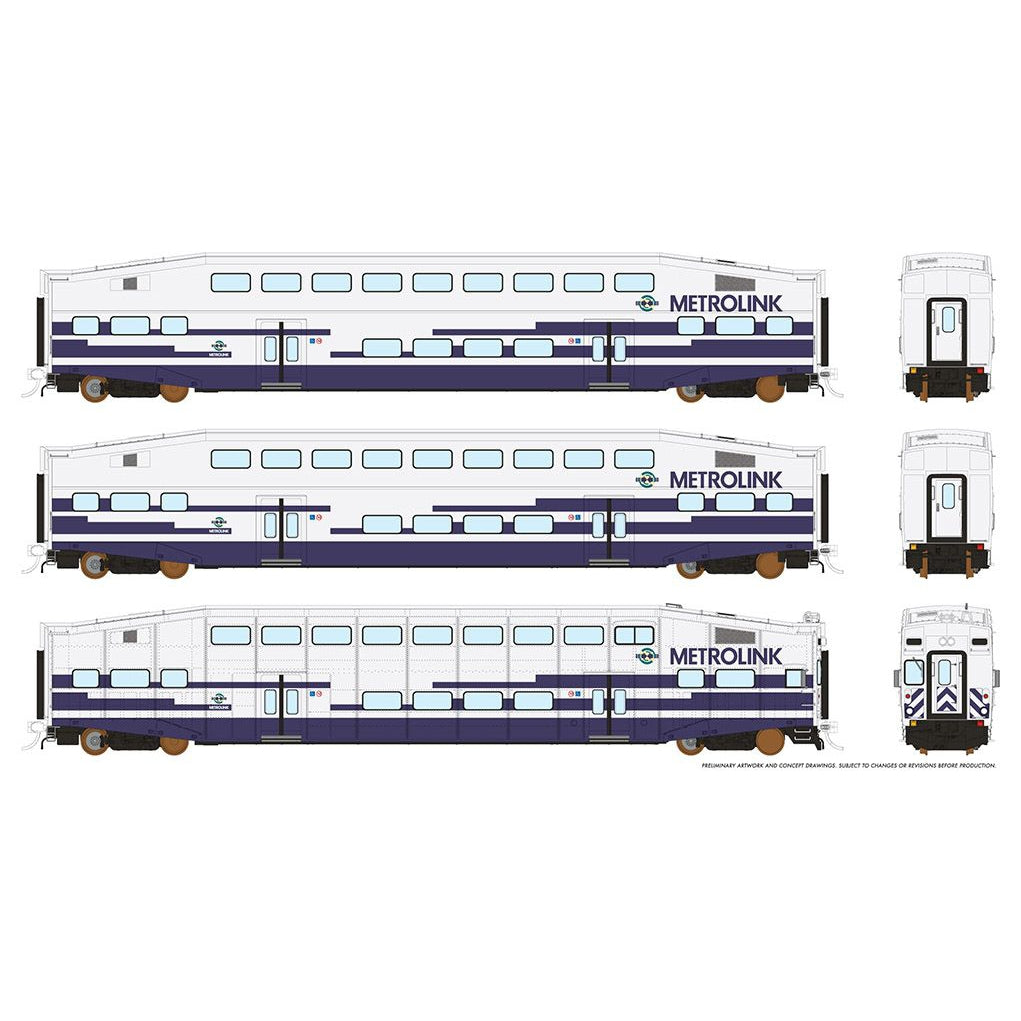 Rapido HO Scale Metrolink Bi Level Commuter Car 3 Pack Set 2