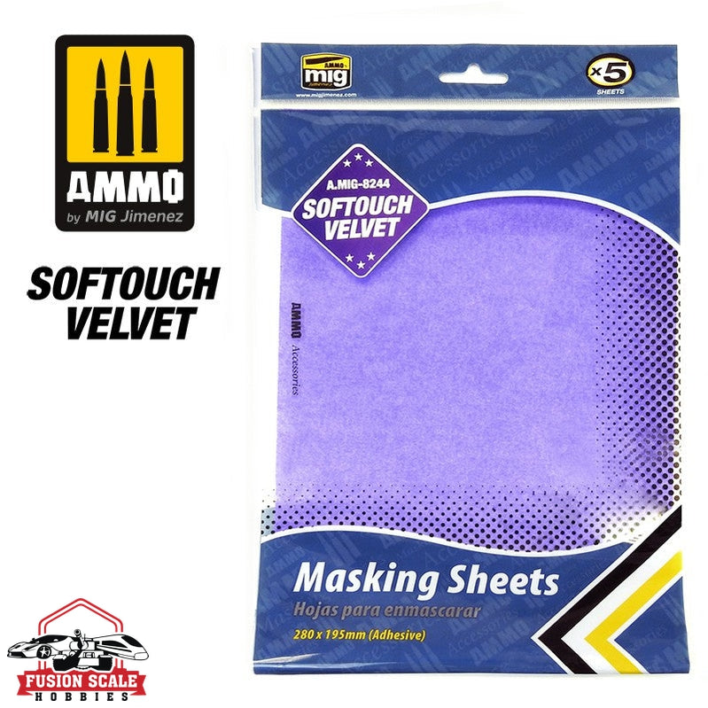 Ammo Mig Softouch Velvet Adhesive Masking Sheets, 5 Sheets (280mm x 195mm) - Fusion Scale Hobbies