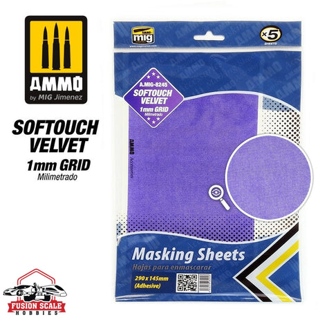 Ammo Mig Softouch Velvet Adhesive Masking Sheets with 1mm Grid, 5 Sheets (290mm x 145mm) - Fusion Scale Hobbies