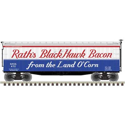 Atlas HO Scale Rath's Black Hawk Bacon 40' Wood Reefer 472 (red, white, blue, black)