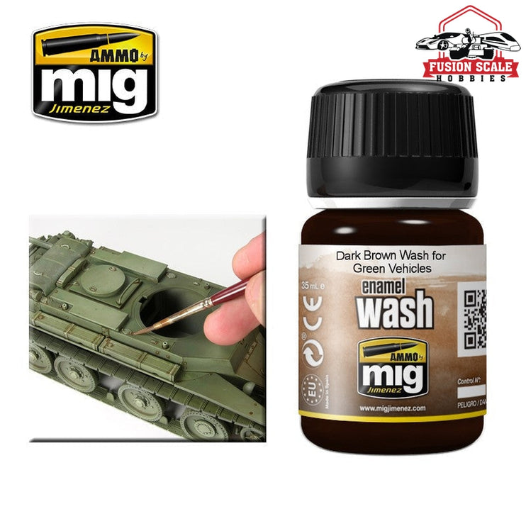 Ammo Mig Jimenez Enamel Wash Dark Brown for Green Vehicles AMIG1005 - Fusion Scale Hobbies