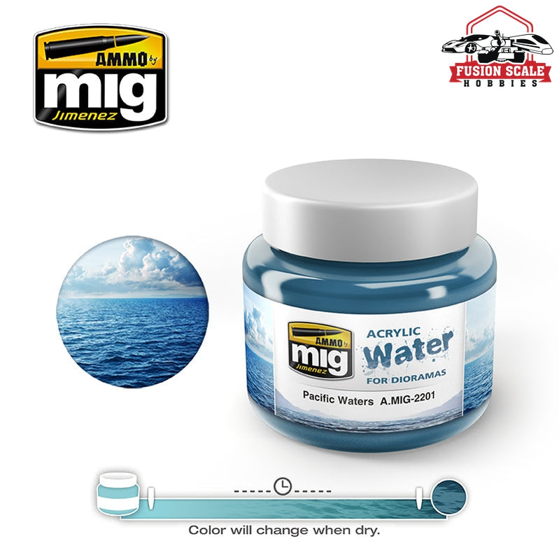 Ammo Mig Jimenez Pacific Waters Acrylic Water 250ml Jar AMIG2201 - Fusion Scale Hobbies