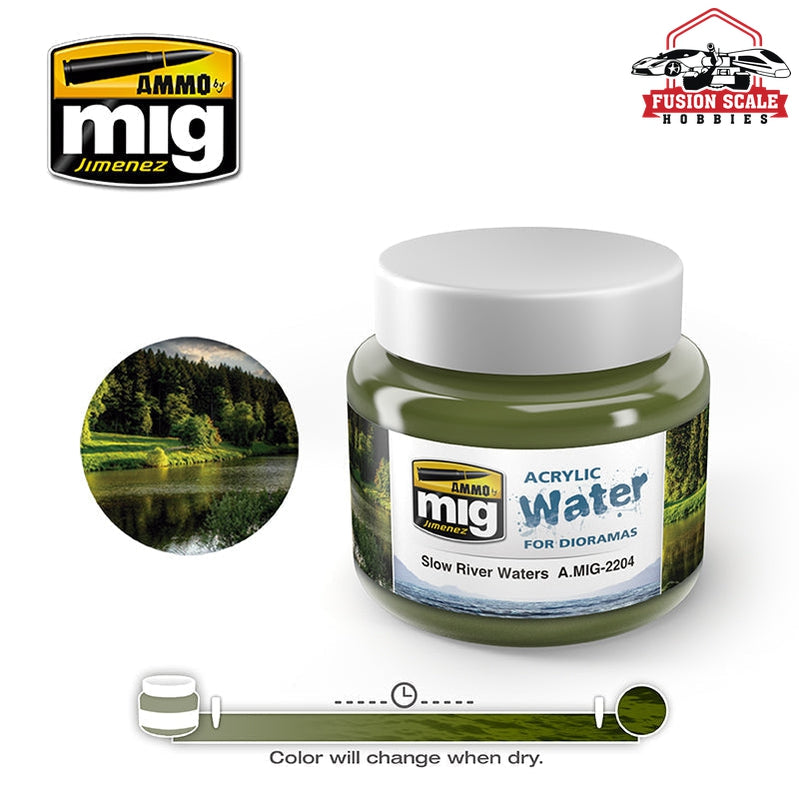 Ammo Mig Jimenez Slow River Waters Acrylic Water 250ml Jar AMIG2204 - Fusion Scale Hobbies