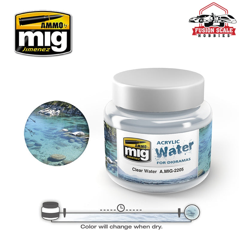 Ammo Mig Jimenez Clear Acrylic Water 250ml Jar AMIG2205 - Fusion Scale Hobbies