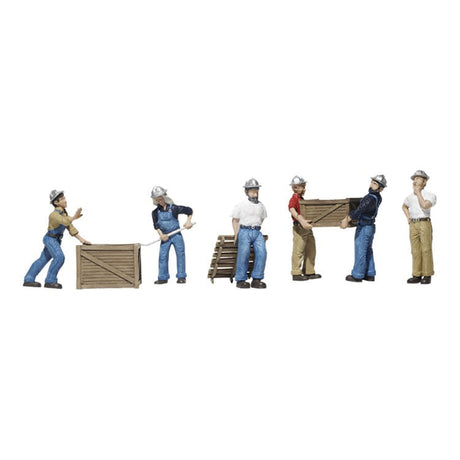 Dock Workers - HO Scale - Includes six dock workers, two crates, and one pallet