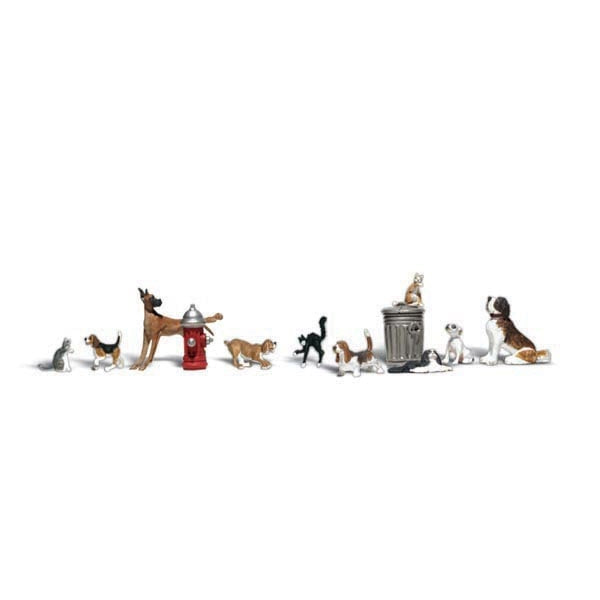 Dogs & Cats - HO Scale - There are dogs and cats galore in this set - two domestic and one feral cat, and seven dogs, some purebreds and some junkyard mutts