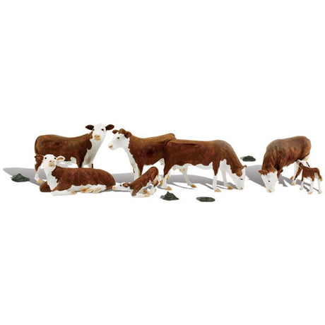 Hereford Cows -  HO Scale - Set includes two calves and five adult Hereford cows in various poses