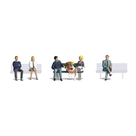 Bus Stop People -  HO Scale - Three men and two women sit while waiting for the bus to arrive
