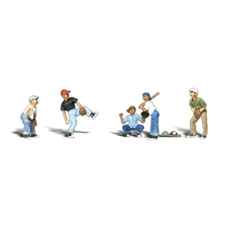 Baseball Players I - HO Scale - A set of five tough kids ready to play ball on a country baseball diamond or in city streets - a catcher, pitcher, batter and two outfielders