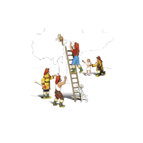 Firemen to the Rescue - HO Scale - A set of firemen, a little girl, a dog, cat and a ladder