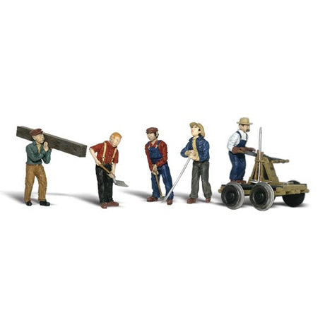 Rail Workers - HO Scale - Five men work to restore the rails and keep them running smoothly, using a hand cart, tools and railroad ties