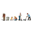 Lawn Workers - HO Scale - A man rakes, one uses an old-time grass mower, and two workers tend the soil while one prepares to water