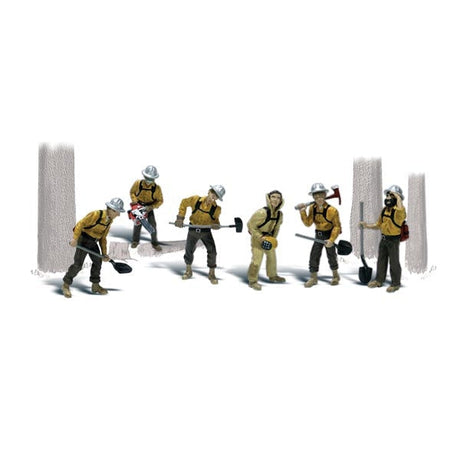 Smoke Jumpers - HO Scale - Six firefighters wearing backpacks with tools in hands are ready to fight the flames