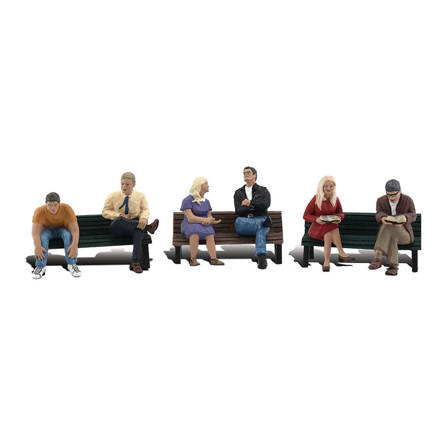 People on Benches - HO Scale - A set of three benches and six people