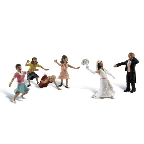 Wedding Bouquet Toss - HO Scale - All available women line up! The bride is tossing her bouquet!
Set contains 6 pieces