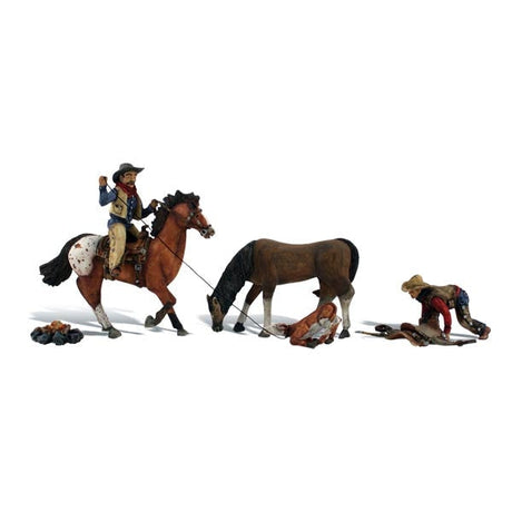 Ridin' & Ropin' - HO Scale - A cowboy rounds up a little dogie for branding while another prepares to saddle up! 
Set contains 6 pieces